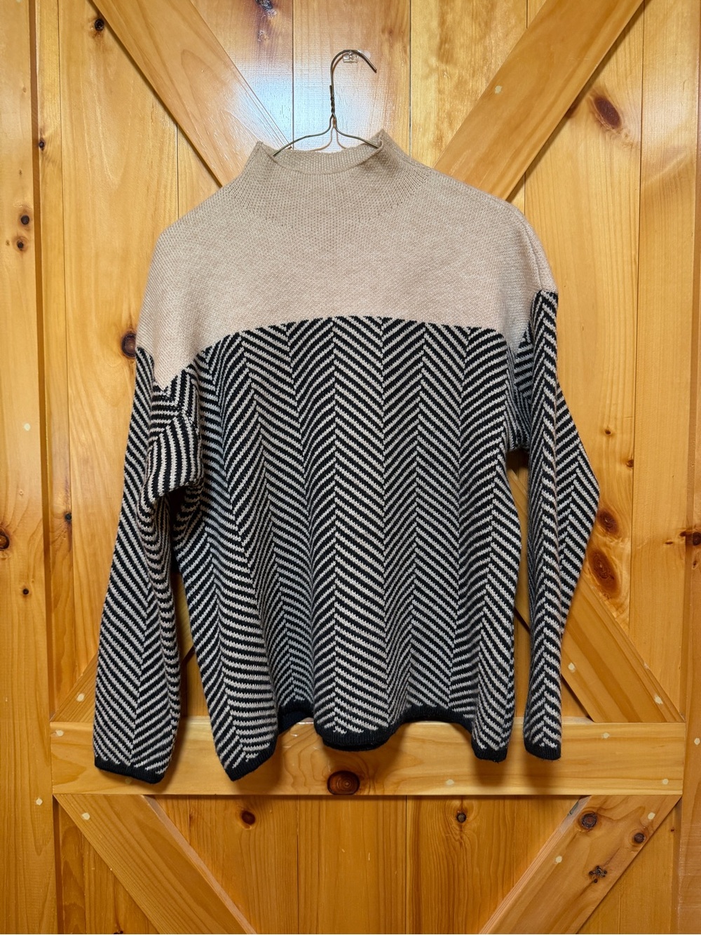 Herringbone Mock Neck Sweater in Beige and Black